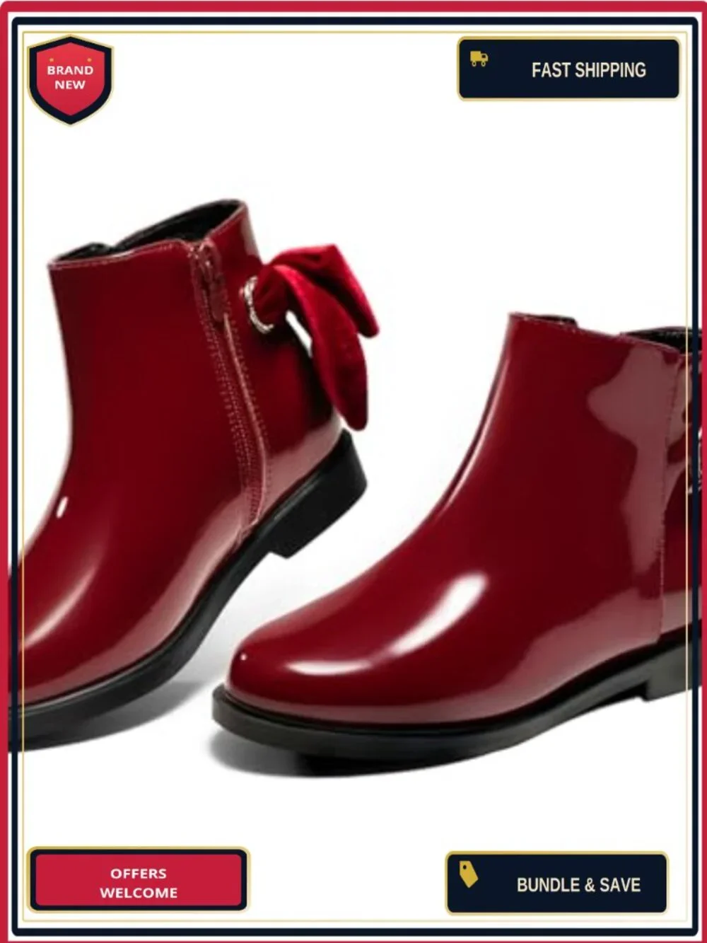 Girls Ankle Boots Chunky Low Heel Side Zipper Dress Booties with Bow